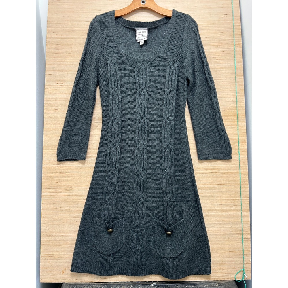 Pink Rose Charcoal Gray Cable Knit Sweater Dress Square Neck Pockets XL